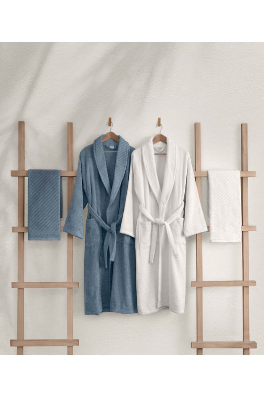 Blue-White 4-Piece Family Turkish Cotton Bathrobe and Towel Set 2 Bathrobes 2 Towels 1061a