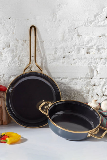 Karaca Retro Enamel Anthracite Pan and Pan Set