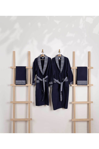 Limira Set of 4 Navy Blue Turkish Cotton Towel 2 Bathrobes (1 S-M)-(1 L-XL) 2 Towels 50x90 2241