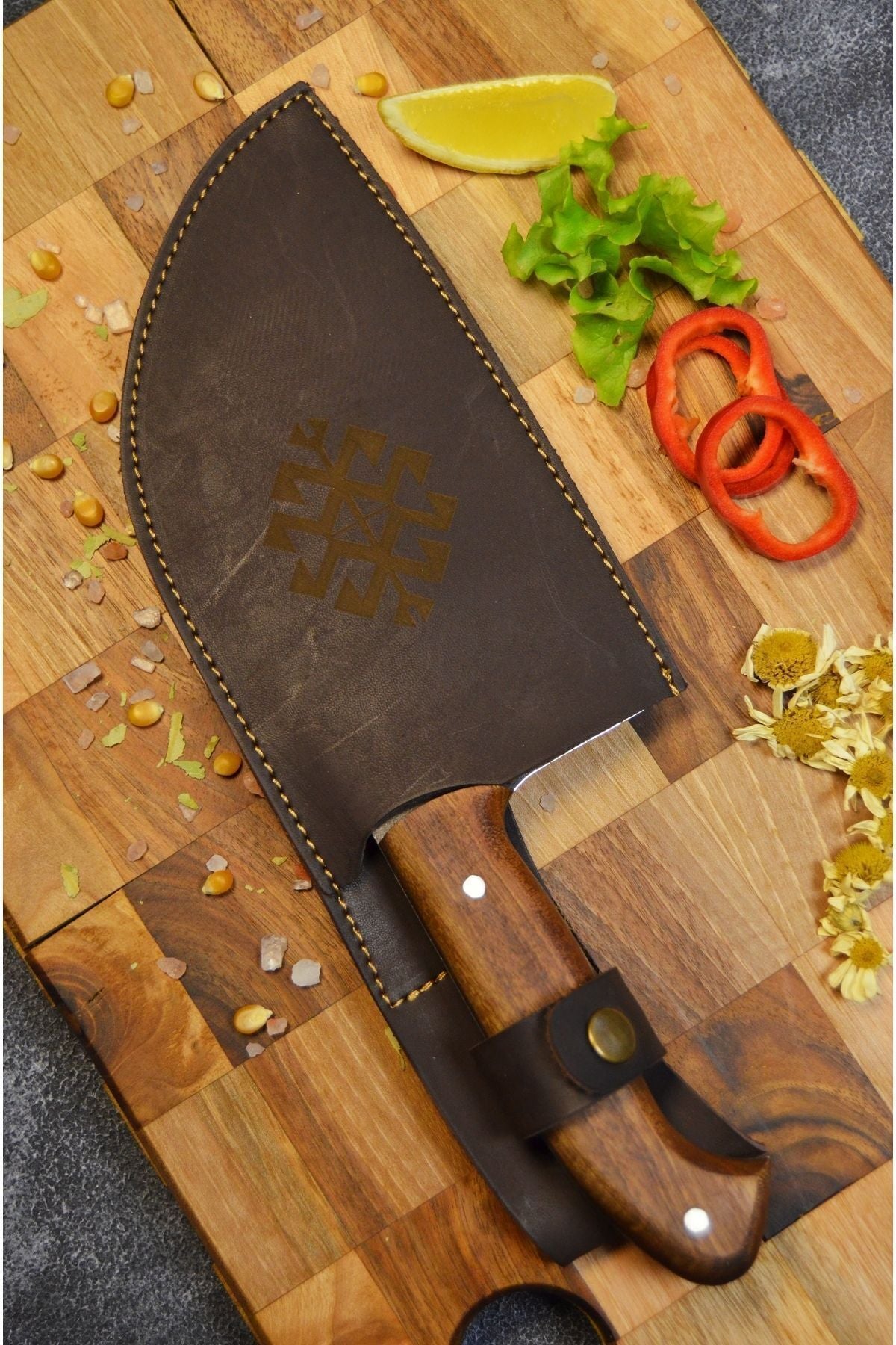 CANOZTREND-Handmade - Walnut Handle - Almazan Meat, Bread, Vegetable, Cleaver, Butcher, Kitchen Knife - Sheath Gift