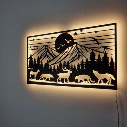 LED Mountain Forest Metal Wall Art - Wildlife Scene 3D Shadow Effect - Night Light Wall Decor