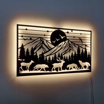 LED Mountain Forest Metal Wall Art - Wildlife Scene 3D Shadow Effect - Night Light Wall Decor