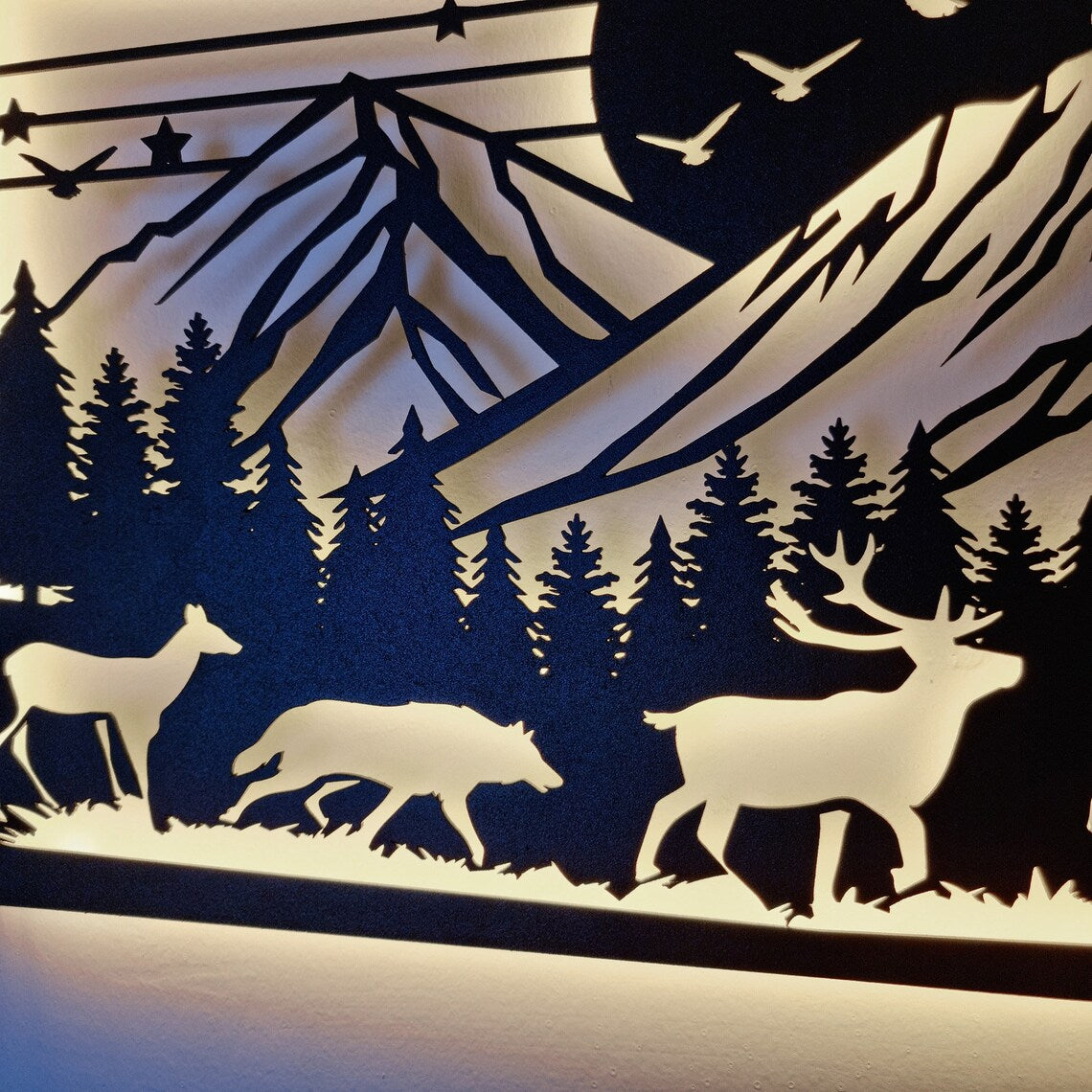 LED Mountain Forest Metal Wall Art - Wildlife Scene 3D Shadow Effect - Night Light Wall Decor