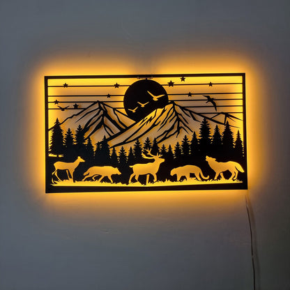 LED Mountain Forest Metal Wall Art - Wildlife Scene 3D Shadow Effect - Night Light Wall Decor