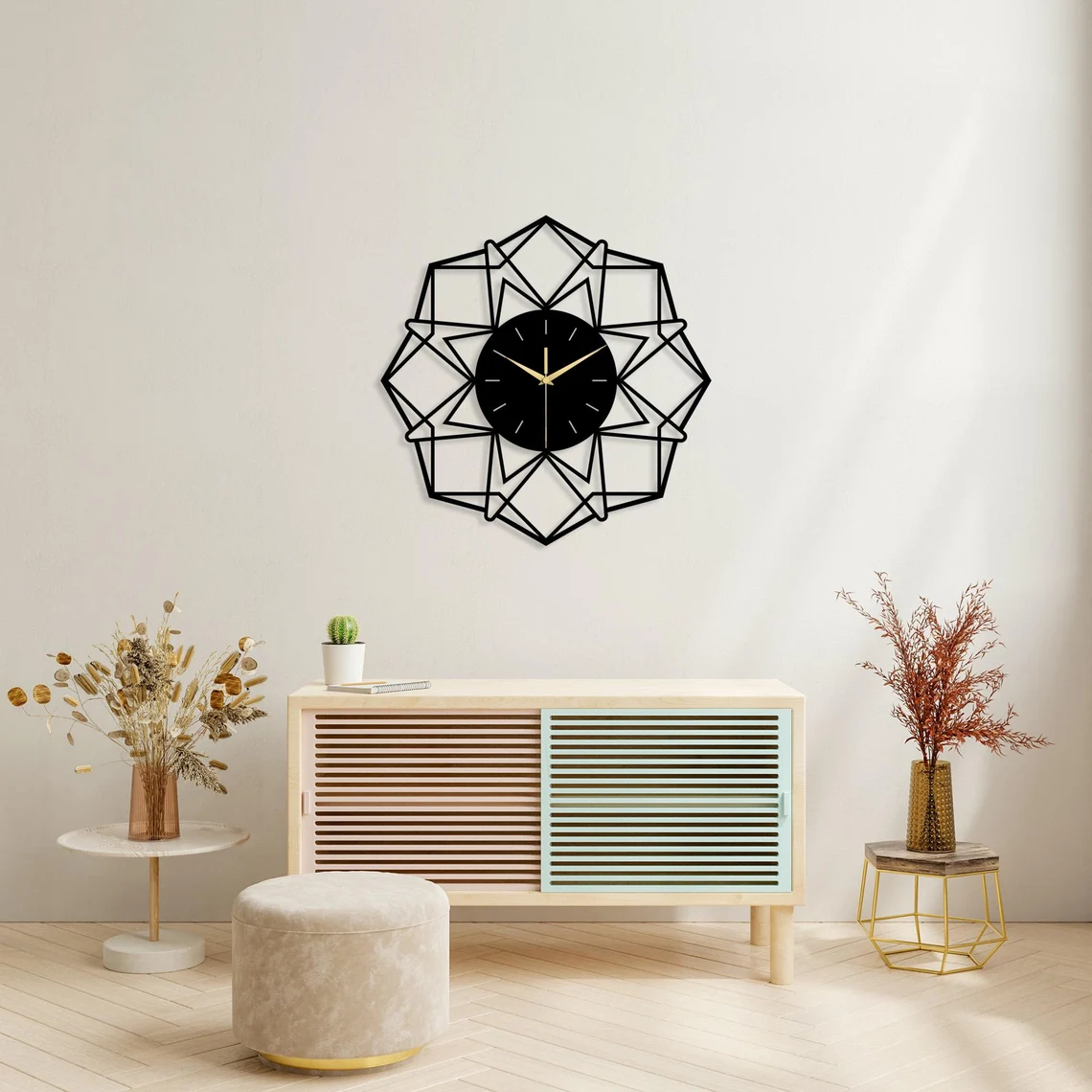 Modern Geometric Metal Wall Clock - Silent Movement - Minimalist Metal Art - Unique Starburst Design - New Home Gift