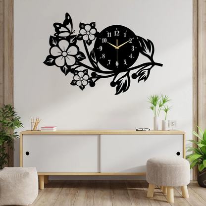 Butterfly Flower Metal Wall Clock, Modern Black Wall Art, Decorative Home and Office Wall Decor