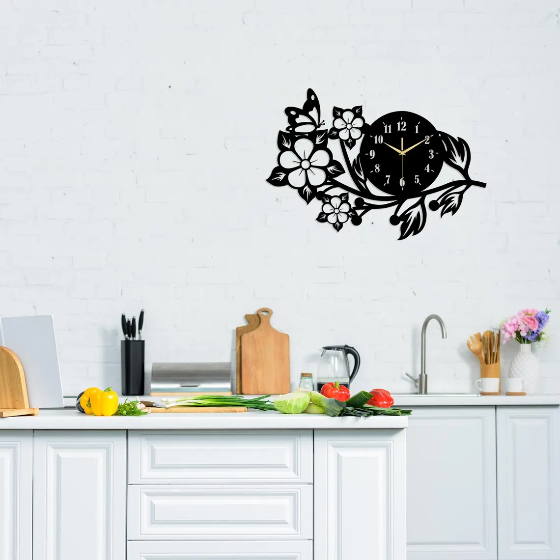 Butterfly Flower Metal Wall Clock, Modern Black Wall Art, Decorative Home and Office Wall Decor