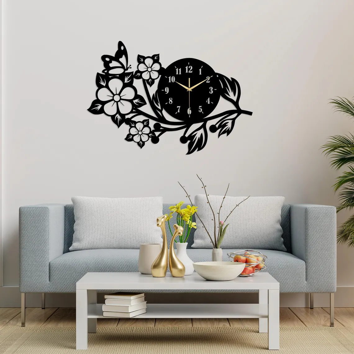 Butterfly Flower Metal Wall Clock, Modern Black Wall Art, Decorative Home and Office Wall Decor