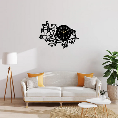 Butterfly Flower Metal Wall Clock, Modern Black Wall Art, Decorative Home and Office Wall Decor