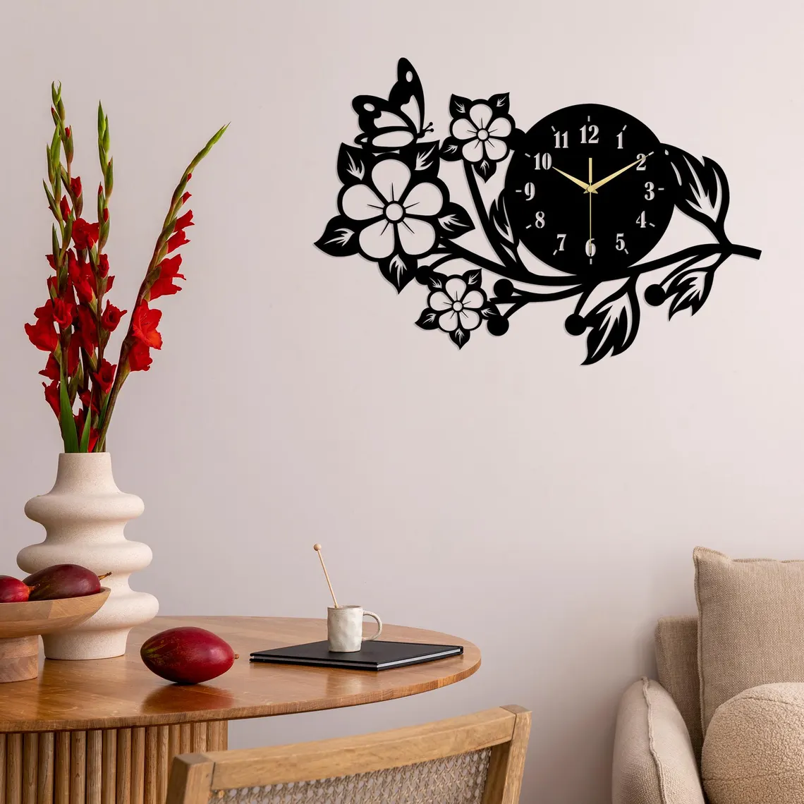 Butterfly Flower Metal Wall Clock, Modern Black Wall Art, Decorative Home and Office Wall Decor