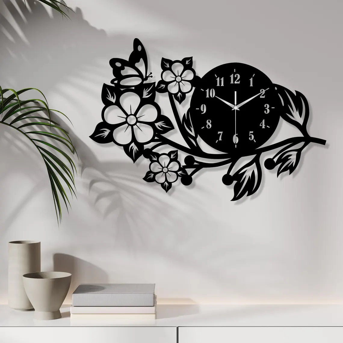 Butterfly Flower Metal Wall Clock, Modern Black Wall Art, Decorative Home and Office Wall Decor