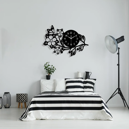 Butterfly Flower Metal Wall Clock, Modern Black Wall Art, Decorative Home and Office Wall Decor