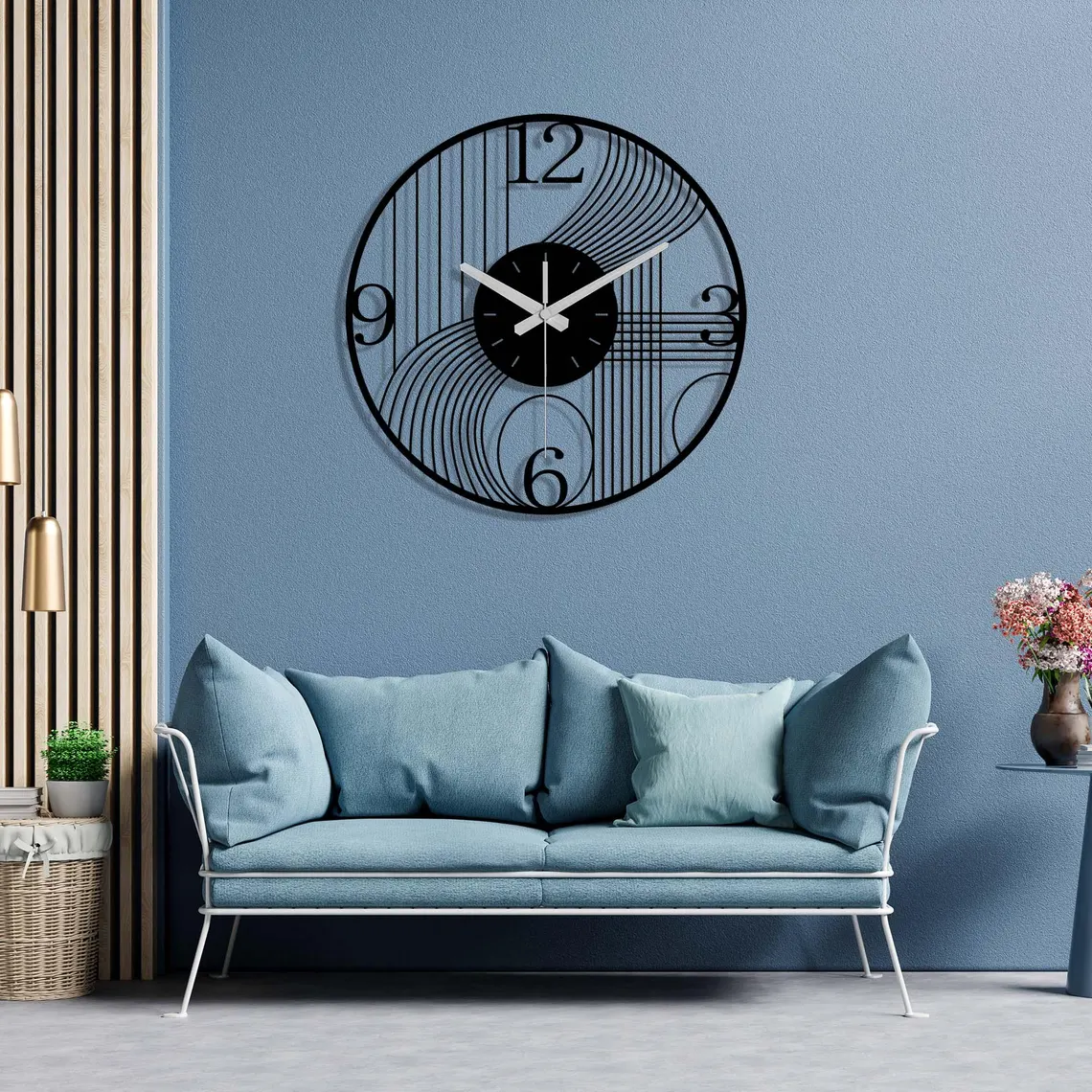 Contemporary Geometric Black Metal Wall Clock with Large Numerals