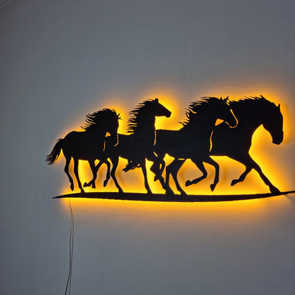 LED Light Metal Wall Art of Running Horses for Horse Lovers' Decor, Farmhouse Modern Gift