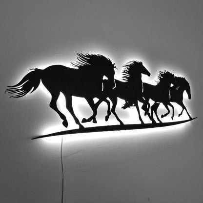 LED Light Metal Wall Art of Running Horses for Horse Lovers' Decor, Farmhouse Modern Gift