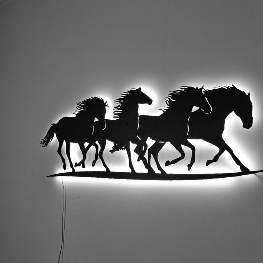 LED Light Metal Wall Art of Running Horses for Horse Lovers' Decor, Farmhouse Modern Gift