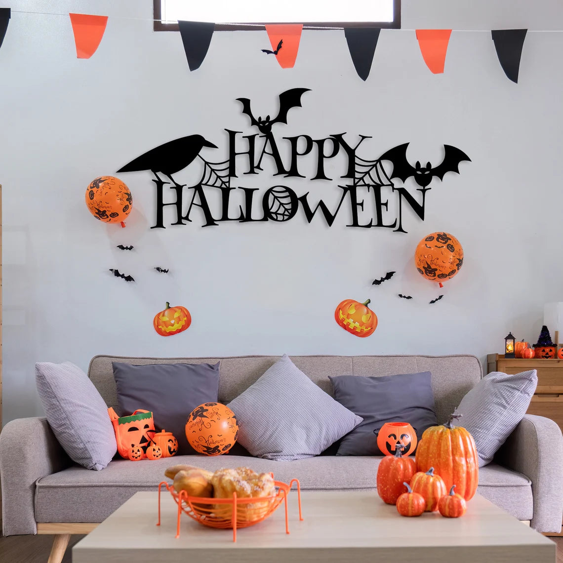 Happy Halloween Sign, Metal Wall Art, Spooky 3D Shadow Effect