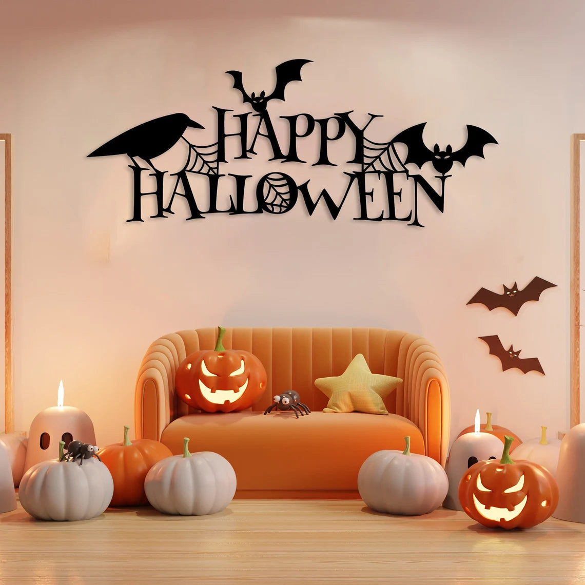 Happy Halloween Sign, Metal Wall Art, Spooky 3D Shadow Effect