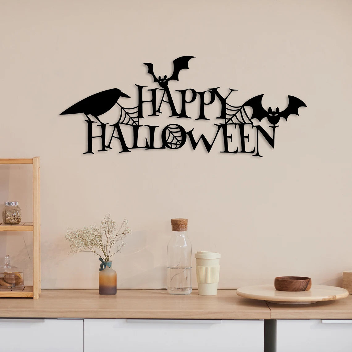 Happy Halloween Sign, Metal Wall Art, Spooky 3D Shadow Effect